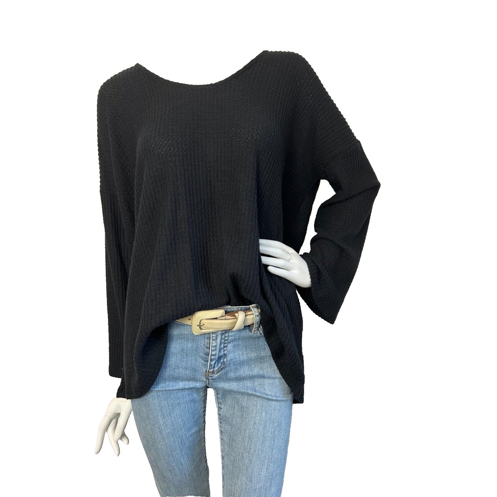 American Rose Waffle Knit Top Womens Small NWOT Black Oversized Thermal Slouchy